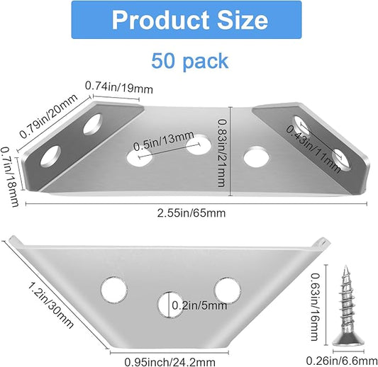 50Pcs Universal Stainless Steel Furniture Corner Connector, Angle Corner Bracket with Screws, Corner Braces, Corner Connectors for Shelves Wood Furniture Cabinets (50 Pcs)