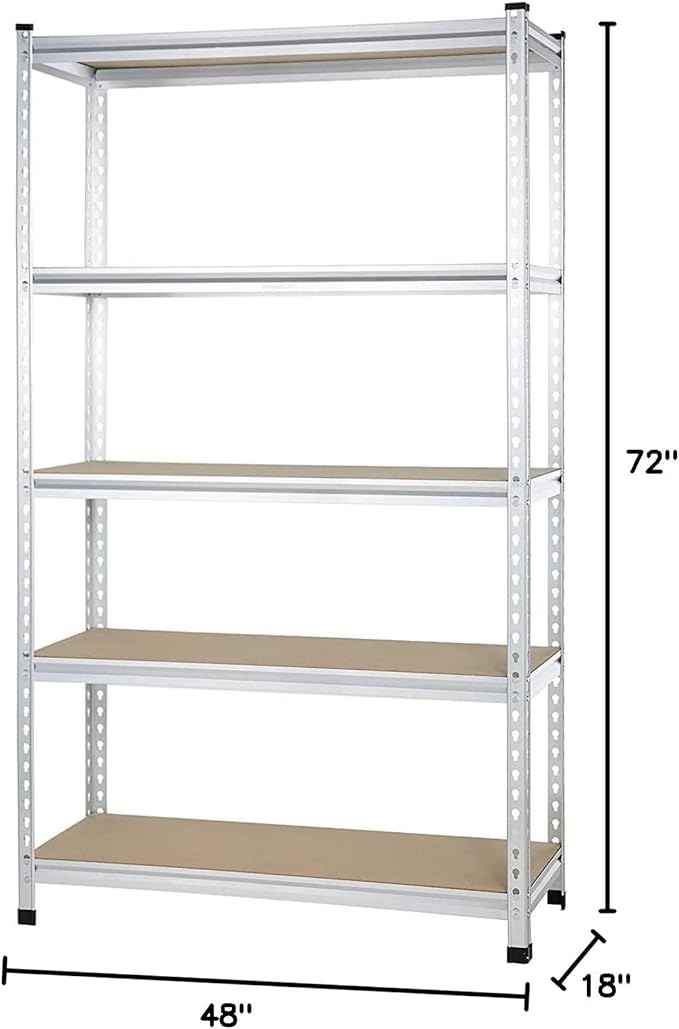 Amazon Basics 5-Tier Medium Duty Storage Shelving, Garage Storage Rack, Double Post Press Board Shelf, Adjustable, Easy Assembly, Space-Saving, Aluminum, 48" x 18" x 72"