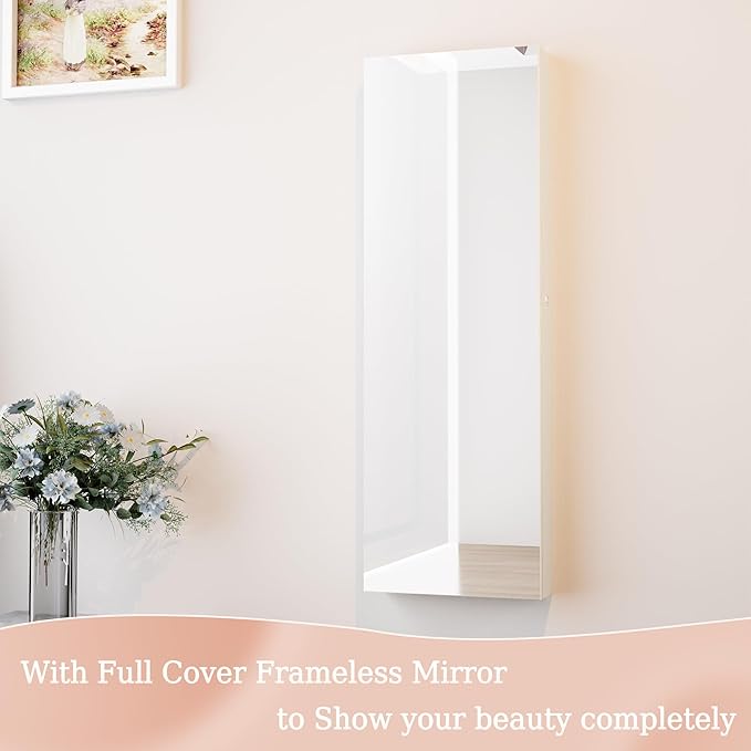 Mirror Jewelry Cabinet,Lockable Wall or Door Mounted Jewelry Armoire Organizer With Built-up Mirror,LED Lights, Drawers,Cosmetic Trays,Shelves, 14.4"x3.15"x 43.1"(White)