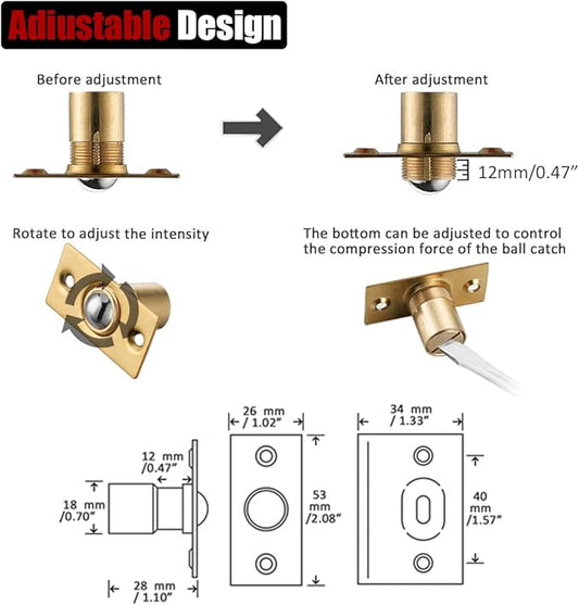 JQK Closet Ball Catch Door Hardware, Stainless Steel Catch Adjustable with Strike Plate, Gold Finish 2 Pack, HBC100-BG-P2