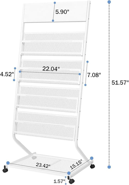 4-Tier Rolling Magazine Rack, Floor Standing Brochure & Literature Display Stand, 23.4" Wide, White