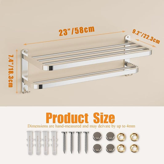 DDS-DUDES 23 Inch Bathroom Towel Rack Towel Shelf with Double Towel Bars Lavatory Wall Mount Holder with Hooks Stainless Steel Hotel Bath Rack