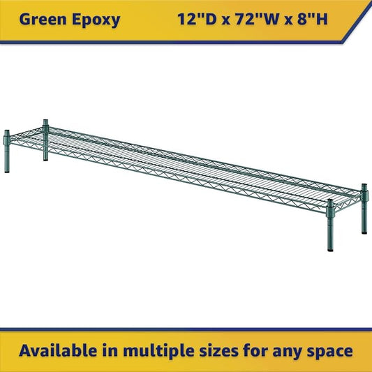 12" x 72" x 8" Green Epoxy Wire Storage Shelf, Dunnage Rack, Commercial 1 Tier Small Shelf