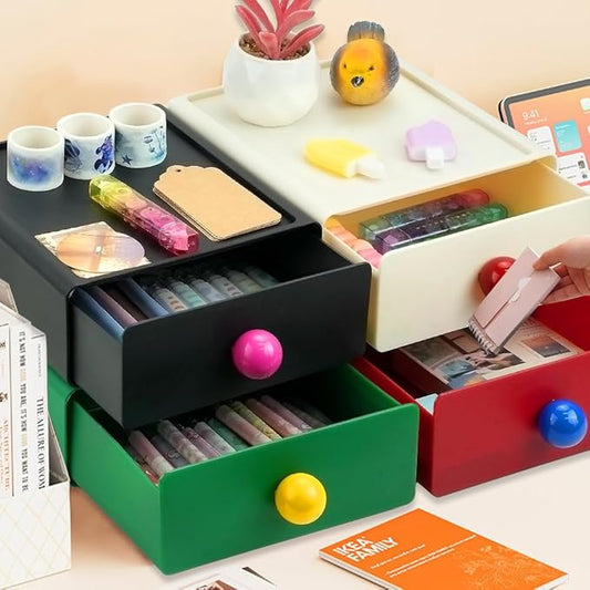 4Pcs Desk Organizer, FHDUSRYO Stackable Desktop Storage Box with Drawer, Large Desk Drawer Organizer with Cute Handle, Plastic Makeup Storage Drawer, Desk Organizer and Accessories for Home Office