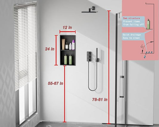 No Tile Needed Shower Niche for Bathroom Storage,Recessed Wall Niche,Double Shelves,Stainless Steel(Black, 24 * 12 in)