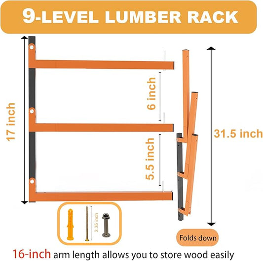 Lumber Rack Wall Mount, Heavy Duty Wood Storage Racks, 9-Level System Garage Shelving, 1080 Lbs Capacity Organizer Shelves, Folding Orange Brackets, 6 Pack Hanging Metal Shelf for Indoor and Outdoor