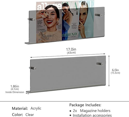 2 Pack Acrylic Magazine Holder Rack Brochure Holder Wall Mount, 17 Inch Hanging Bookshelf Magazine Rack, Floating Bookshelf Brochure Display Organizer for Home, Office, Reception Area