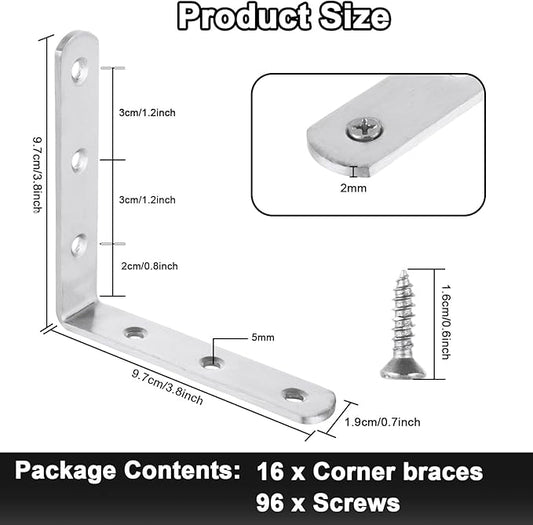 16PCS 4x4 Inch Stainless Steel L Bracket for Shelves, 90 Degree Joint Right Angle Bracket, Heavy Duty Corner Braces with Screws for Wood, Furniture, Brushed Nickel