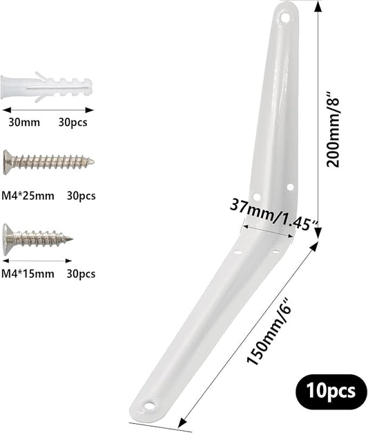 Lilaly 10 Pack Shelf Brackets 8 Inch Shelf Bracket, Heavy Duty L Brackets for Shelves for Hanging Floating Shelves Brack with Screws and Wall Anchors(6"x8",White)