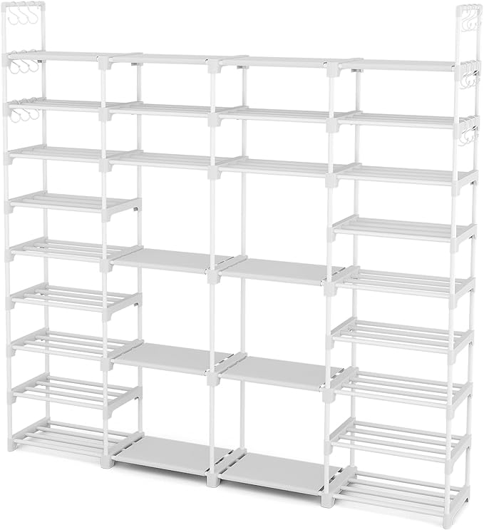 ROJASOP Large Shoe Rack Organizer for Entryway Closet 64-68 Pairs 9-Tier Heavy Duty Tall Garage Shoe Rack Shoe Shelf Shoes Storage with 18 Pcs Removable Side Hooks for Bedroom and Garage White