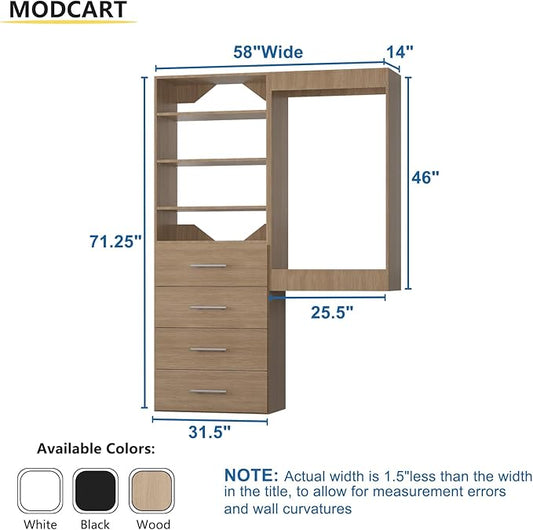Modular Closet System, 58" Wide Closet Organizer System with Tower and Drawers, Wood Tower Closet Storage for Walk In Closets, Wall Mounted Wardrobe Organizer Kit System, Bedroom, Wood
