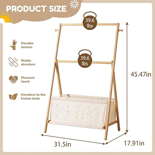 Kids Clothing Rrack- Kids Dress Up Rack for Little Girls, Bamboo Kids Clothes Rack, Toddler Dress Up Storage Rack & Folding Costume Rack, Double Rods, Pets Clothes Rack with Storage, Spot