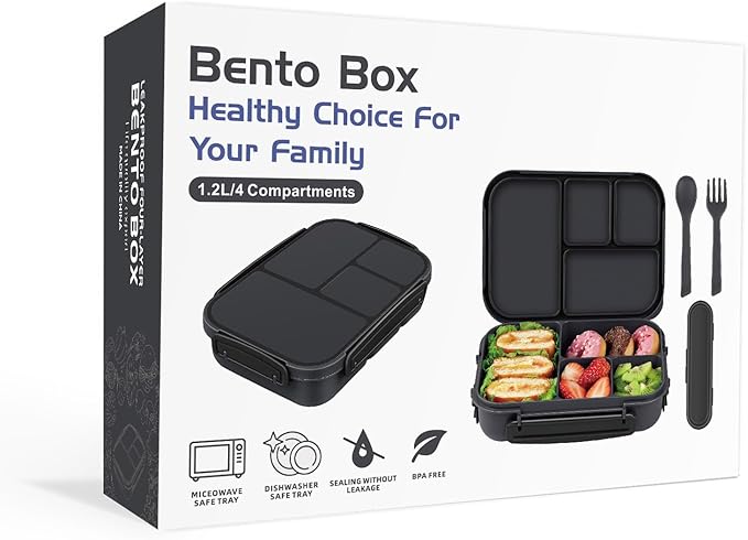 Lunch Box Kids,Bento Box Adult,Leakproof Lunch Containers for Adults/Kids/Toddler,1200ML-4 Compartments bento Lunch box with Utensil,Microwave & Dishwasher & Freezer Safe (Dark Gray)