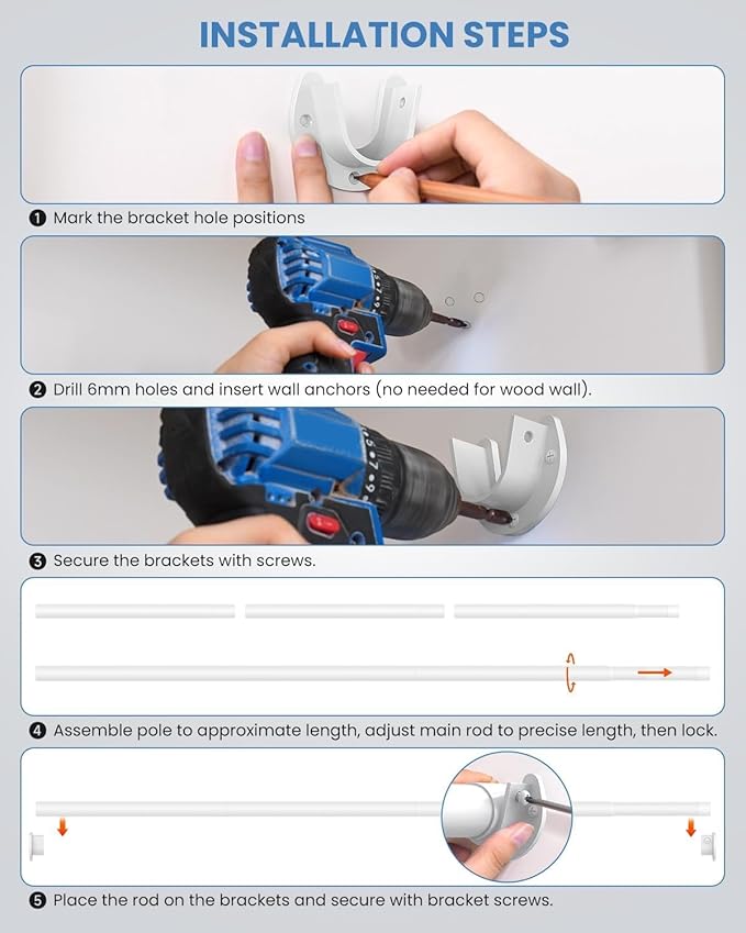 2 PACK Closet Rods for Hanging Clothes, 17 to 54 Inches Stepless Adjustable Metal Closet Rod, 1.3 Inches Heavy Duty Clothes Hanging Rod for Closet Wardrobes Laundry RV, White