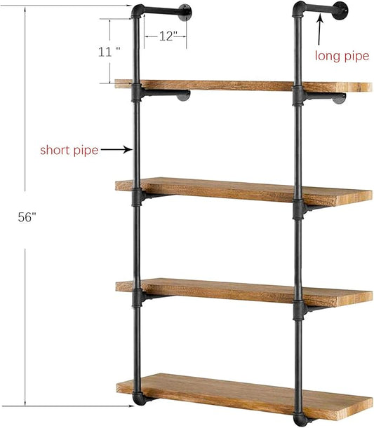 Yuanshikj 2Pc (56" Tall 12" deep,3/4") Industrial Wall Mount Iron Pipe Shelf Shelves Shelving Bracket Vintage Retro Black DIY Bookshelf Storage Office Room Kitchen (5Tier Hardware Only)