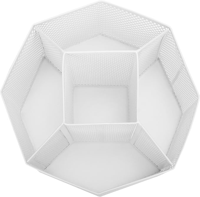 Annova Mesh Desk Organizer Rotate with 5 Compartments Spinning Tidy Candy/Pen Holder Office, Art Supply, Storage, Classroom, Home (White)