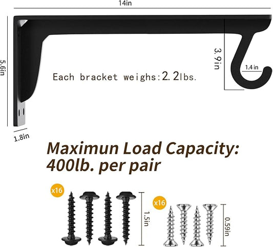 Closet Rod Support Bracket WYGWP 14 inch Heavy Duty Shelf Brackets with Rod Holders Support 400lbs Wall Mounted Sturdy 2 Pack