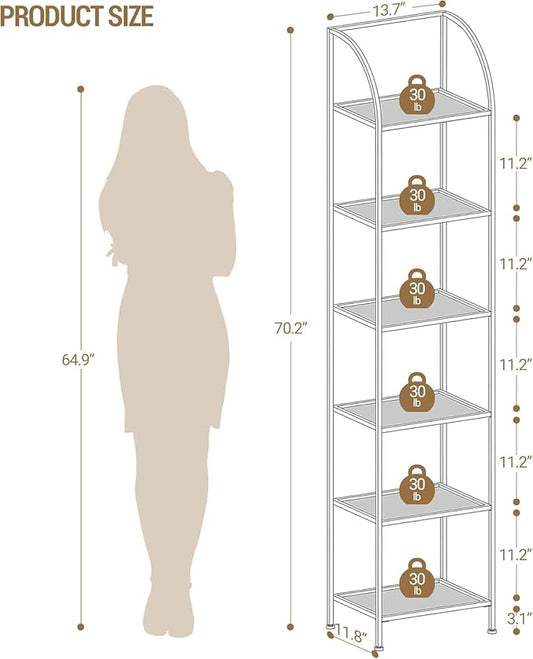 Bookcase Bookshelf, Tempered Glass Arched Bookshelf for More Storage, Slim Shelving Unit for Bedroom, Bathroom, Home Office, Steel Frame, 6 Tier Gold BC20699G