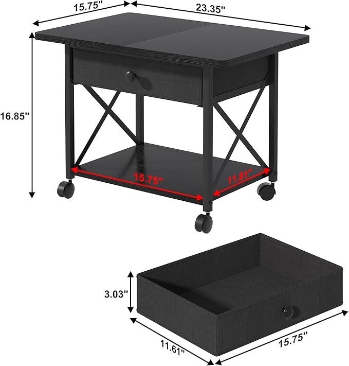 EasyCom 23.6" x 15.7" Under Desk Printer Stand with Storage Drawer, 2-Tier Shelf Desktop Printer Table for Desk with Wheels, Large Rolling Cart for Home Office Fits 3D Printer Scanner Black