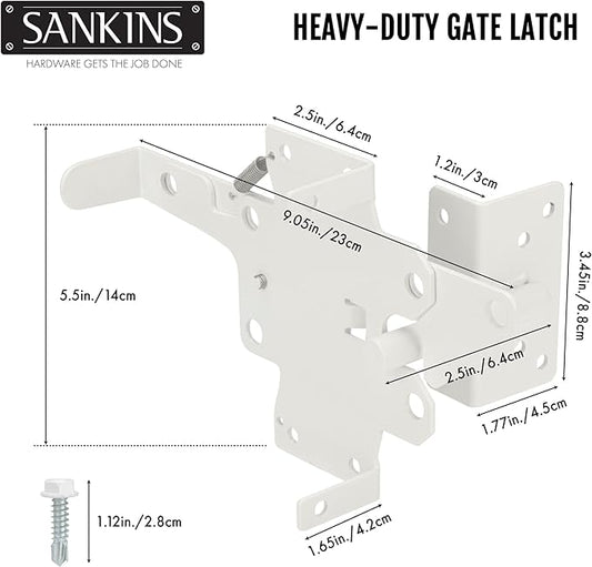 Self-Locking Gate Latch Heavy Duty Post Mount Automatic Gravity Lever for Wooden/PVC Fence, Door Lock with Fasteners Hardware for Secure Pool |Yard | Garden, Steel, White