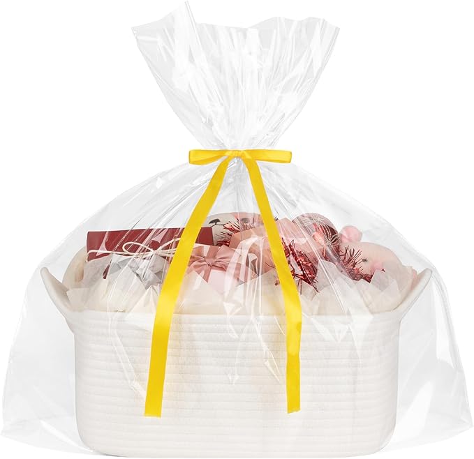 Basket for Gifts Empty, Woven Storage Basket with Gift Bag, Ribbon and Wrap Tissue Paper, Small Rope Toy Storage with Handles for Baby Shower, Dog Toy Organizer, 15.5" x 11.4" x 6.7"