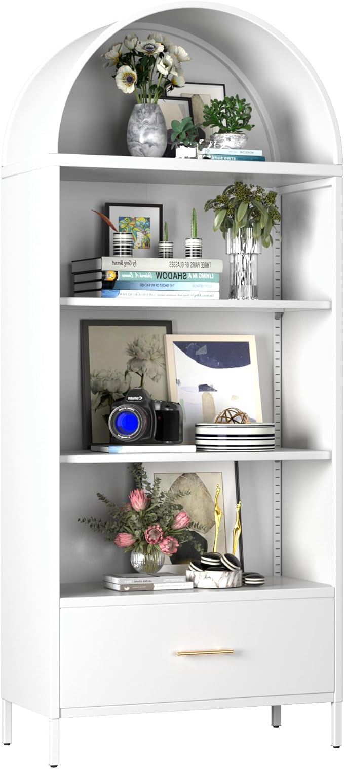 Metal White Arched Bookcase with 2 Adjustable Shelf, Arched Bookshelf with Drawer for Home Office Living Room,Required Assembly