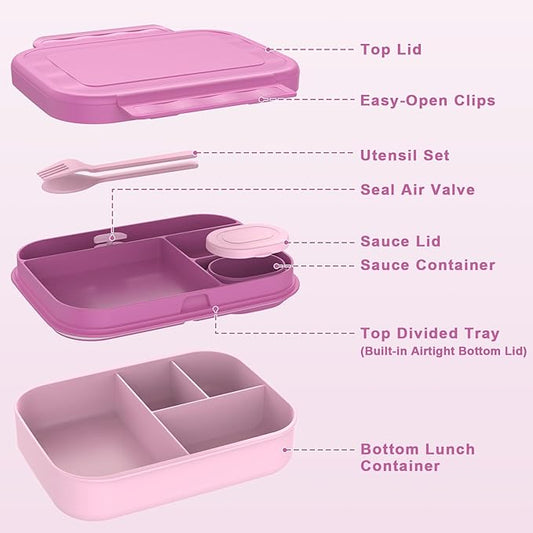 Caperci Stackable Bento Lunch Box for Adult & Teens - Reinforced Leak-Proof Lunch Container 4-Compartment with Utensils & Sauce Container, BPA-Free, Dishwasher/Microwave Safe, 47oz (Cherry Blossom)
