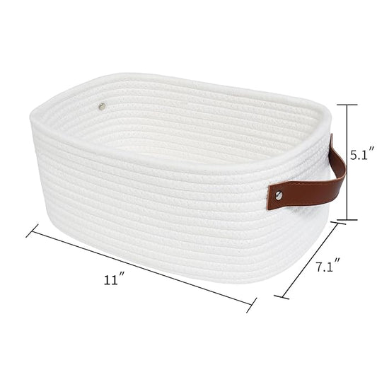 ABenkle Small White Basket with Handle, Soft Woven Storage Bins Baskets for Cat and Dog Toys Organizer, Decorative Shelves Closet Organizing Basket Chest Box, Empty Gift Baskets