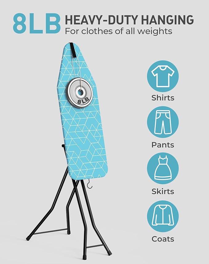 LyriFine Ironing Board, 2-in-1 Flat and Hanging Board, Sturdy Steel Frame Iron Board with Non-Slip Feet, Heat Resistant Cover Iron Board, Foldable Ironing Board Full Size with Hook, 14″ x 43″ Blue