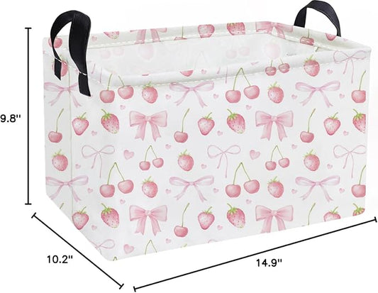 Essme Rectangular Kids Baskets,Girls Storage Basket Pink Bins with Handles for Strawberry Room Decor, Cherry Storage Bin(Strawberry)
