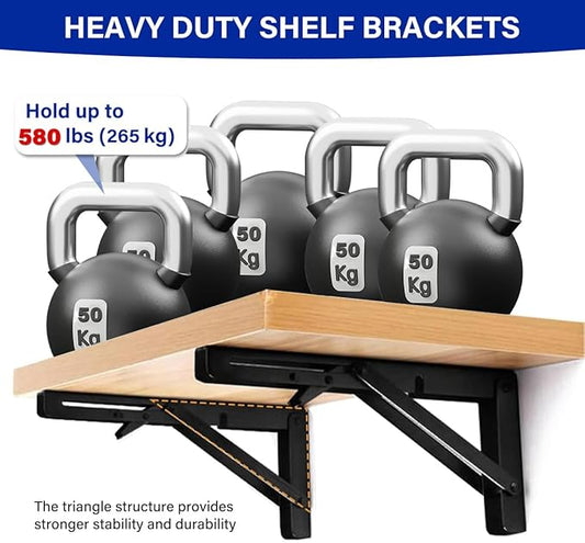 Folding Shelf Brackets Max. Load 580 lb, 10 Inch Black Collapsible Heavy Duty Brackets for Table Bench - Space Saving, 2 Pack