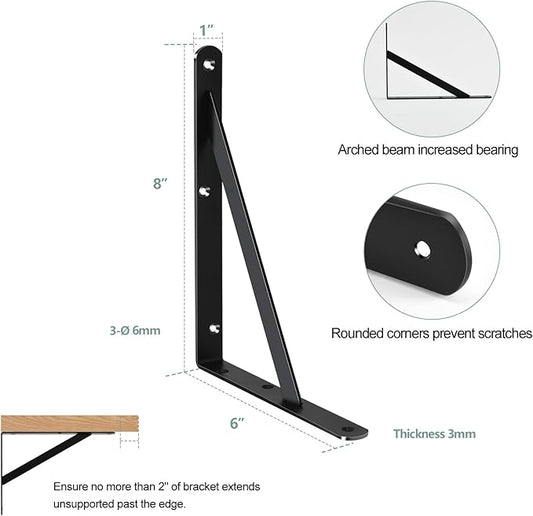 2 Pack L8 x H 6" Black Heavy Duty Shelf Brackets with Screws Metal Shelf Brackets Shelf Support Angle Brackets for Shelves L Brackets Heavy Duty Floating Shelf