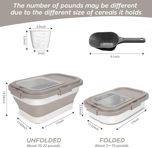 Dog Food Storage Container 10-13lb, Collapsible Pet Food Container with Airtight Lid, Plastic Cat Food Containers Dry Food with Dog Food Scoop and Measuring Cup (Khaki)