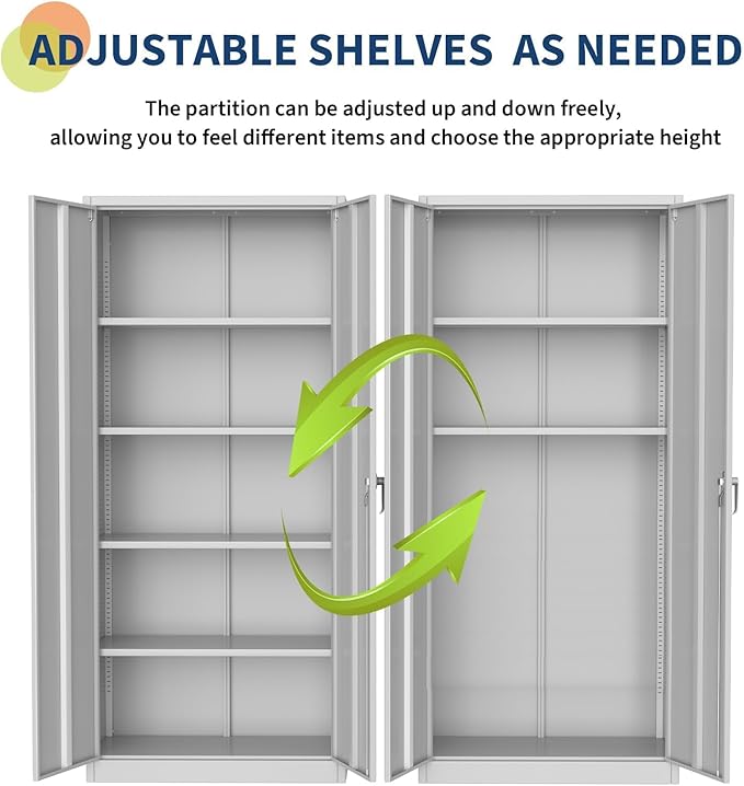 71" Metal Garage Storage Cabinet with 2 Doors and 4 Adjustable Shelves, Steel Lockable File Cabinet, Locking Tool Cabinets for Pantry, Garage, Office, Shop, Organization, Etc, White