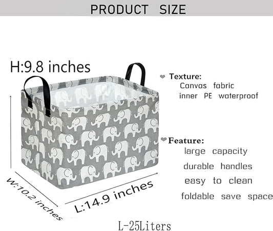 KUNRO Rectang Storage Basket Gift Shelf Basket Storage Bin, Nursery Basket Organizer Box for With Handles for Room Deco (Elephant)