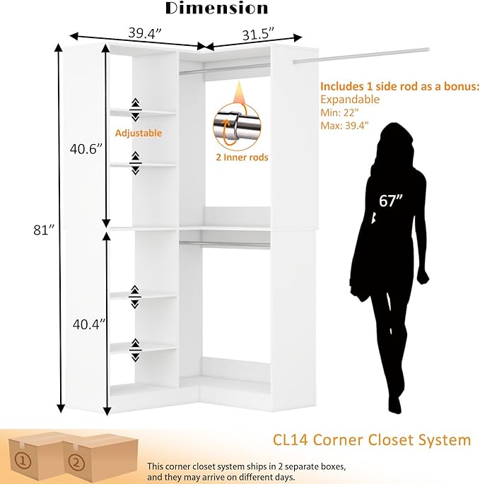 Corner Closet System, 39.4" * 31.5" L Shaped Closet Organizer Storage System with 3 Hanging Rods 6 Shelves Freestanding Walk in Closet Corner Modular Wardrobe, White