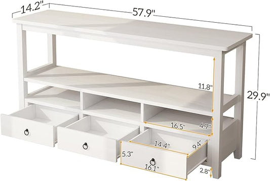 VINGLI 58" Console Table, Long Entryway Table with 3 Drawers & 2 Storage Shelves, Vintage Sofa Table Behind Couch, TV Stands for Living Room, Entryway, Hallway, Foyer, Office, White