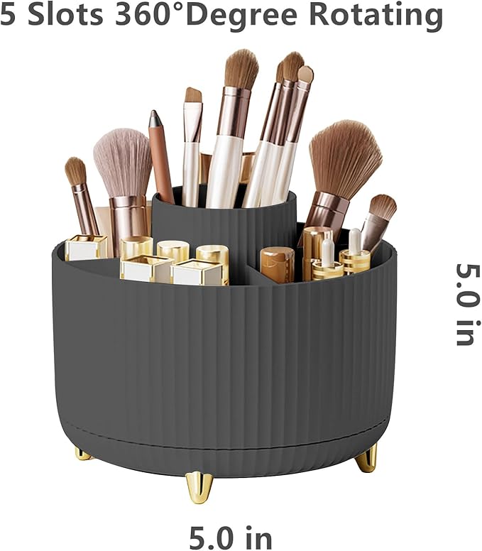 360 Degree Rotating Makeup Brush Holder Organizer Detachable Design 5 Slot Make up Brushes Cup for Cosmetics and Pencil Pen Organizer for Desk Makeup Organizer Skincare Storage for Vanity(Black)