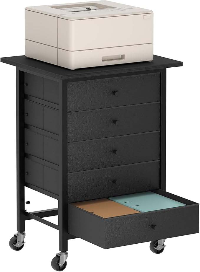 5 Drawer File Cabinet,Rolling Filing Chest Cabinet with Wheels, Under Desk Storage Organizer, Printer Stand with Non-Woven Fabric Drawer, for Home Office, Study, Black FCBK4801