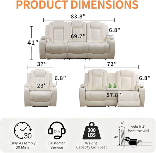 Creamy White Leather Power Recliner Chair, Power Living Room Furniture Sets with LED, Reclining Chair with Center Console, Storage,Cup Holders,Recliner Couch for Living Room, Meeting Room