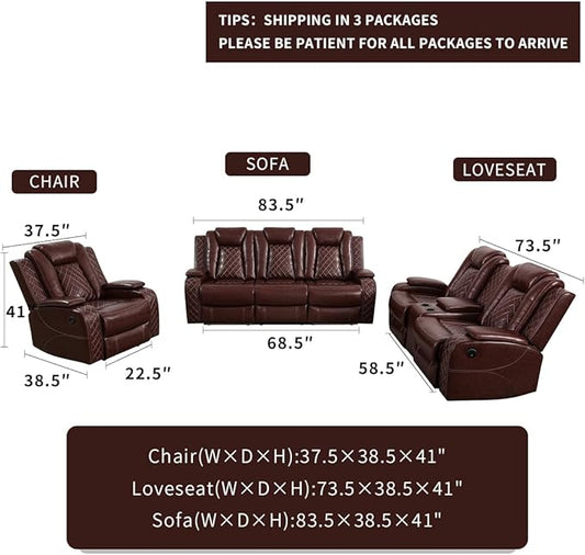 Modern Recliner Couch with Hidden Storage, 2-Piece Power Reclining Sofa Couch Set, Brown Breathing Leather Power Recliner Sofa and Loveseat with LED Light for Living Room/Home Theater