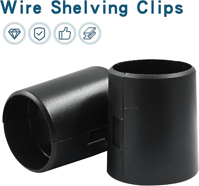 32Pcs (16 Pairs) Wire Shelf Clips, 1.5"(38.3mm Inner Diameter) Post Wire Shelving Shelf Lock Clips, Plastic Black Shelving Sleeves Replacements for Wire Shelving System