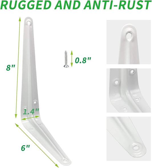 Shelf Brackets 8 Inch, 20 Pack White Metal Heavy Duty L Adjustable Floating Shelves Bracket, 8 x 6 Inch Industrial Pipe Decorative Shelf Angle Bracket for Wall with Screws