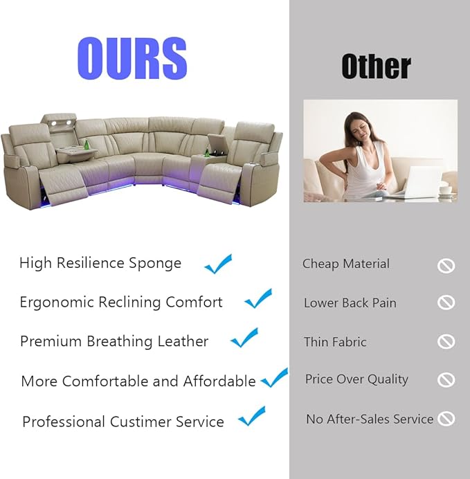 Brown Power Reclining Sectional Sofa, Leather Recliner Sectional Sofa, Power Recliner Couch Set With LED, Living Room Furniture Sets Adjustable Chair, Arm Storage & Cup Holders for Home/Office