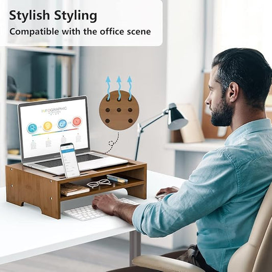 Monitor Stand Riser with Storage Organizer Desktop with Cooling Holes Bamboo Laptop Riser Shelf for Office and Home Use 16.7x11.8x5 inch (Walnut)