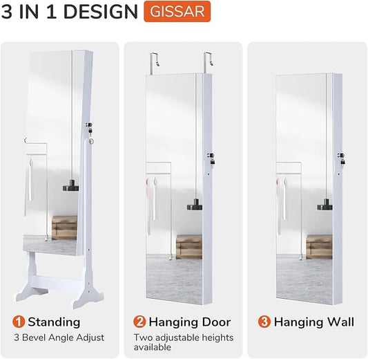 GISSAR Jewelry Organizer Full Length Mirror Jewelry Cabinet Standing/Wall/Hanging Door Jewelry Armoire Storage with Lights, Lockable, White