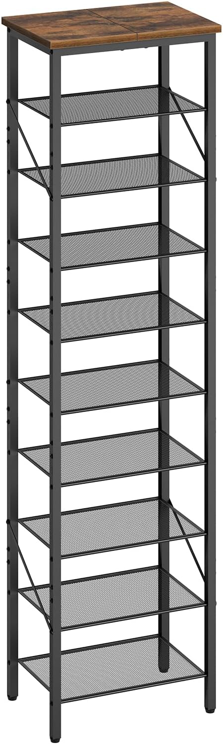 10-Tier Narrow Shoe Rack, Vertical Shoe Storage Organizer, for 12-24 Pairs, Shoe Shelf with Metal Frame, for Hallway, Entryway, Living Room, Rustic Brown and Black SRHR11401