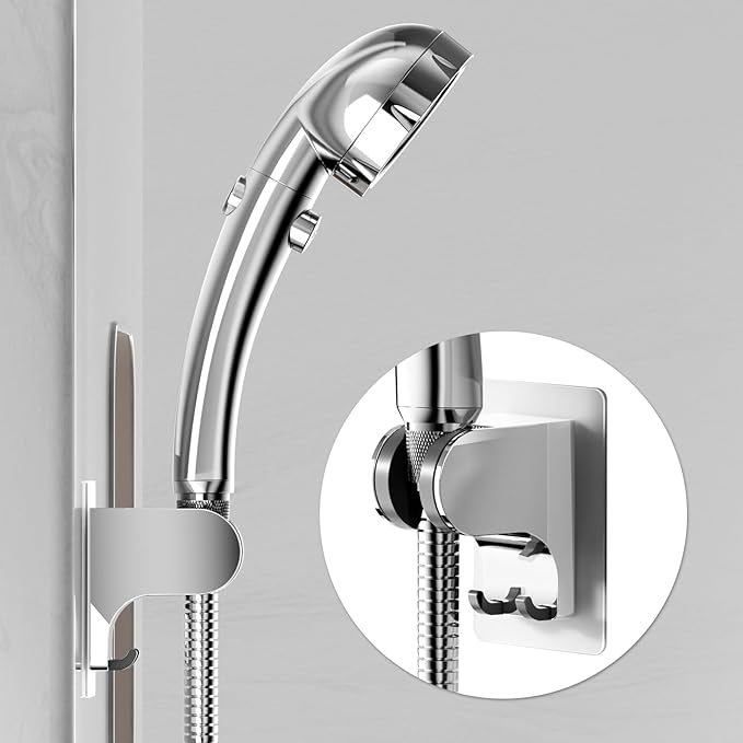 JONKEAN Shower Head Holder Without Drilling, 3m Handheld Shower Head Holder Adhesive, 50°Adjustable Shower Wand Holder Wall Mount, Shower Head Bracket with Hook (Chrome, 1 Pack)
