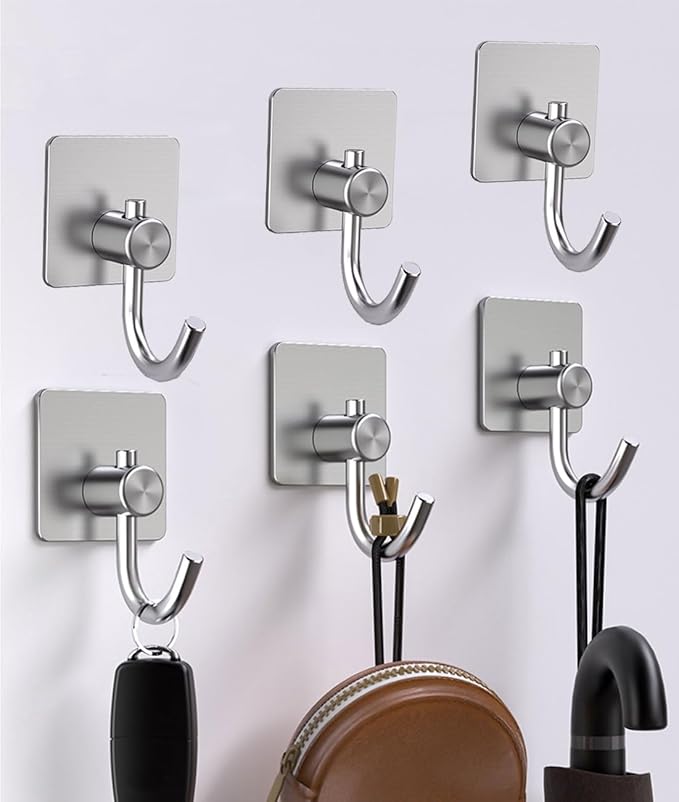 Self Adhesive Towel Hooks, Waterproof Rustproof Stainless Steel Sticky Wall Hooks, No Damage for Bathroom Kitchen Shower Robe Coat Hanging, Silver