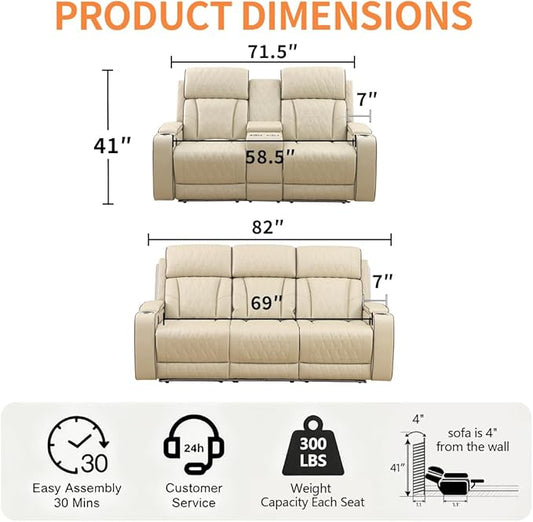 Living Room Furniture Sets with LED, Power Reclining Couch Set for Living Room, Include 1 Loveseat, 3 Seat Sofa, Modern Khaki Leather Recliner Sofa Furniture Set for Home and Office